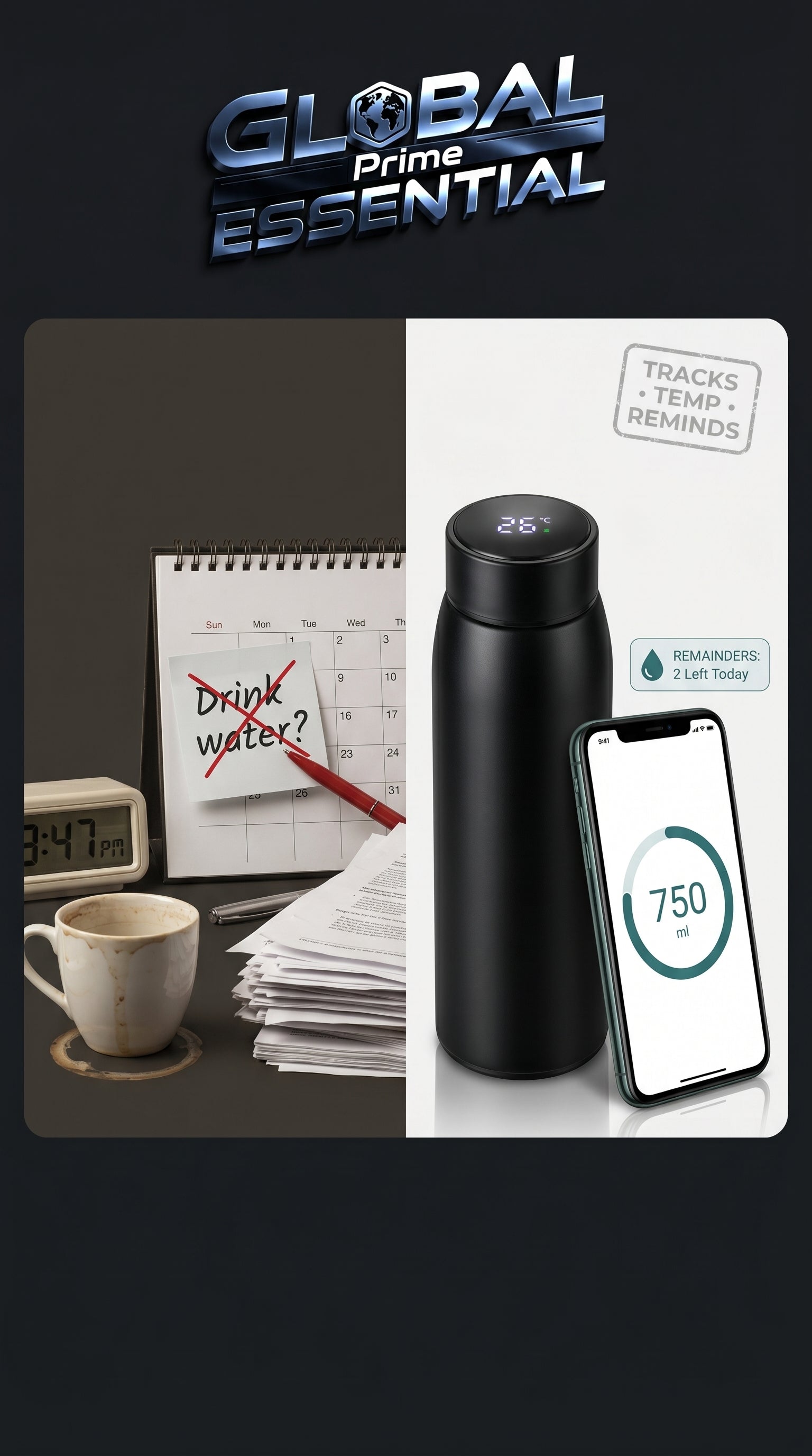 Global Prime Essential Smart Tuya water bottle for convenient hydration, featuring a sleek design for busy daily use.