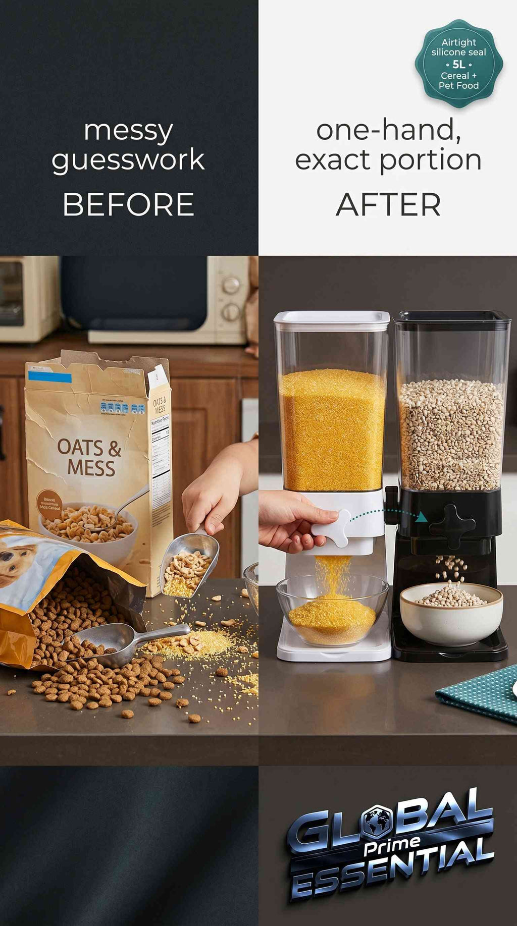 Global Prime Essential 5L dry food dispenser with airtight silicone seal for cereal or pet food storage, easy to use and clean.
