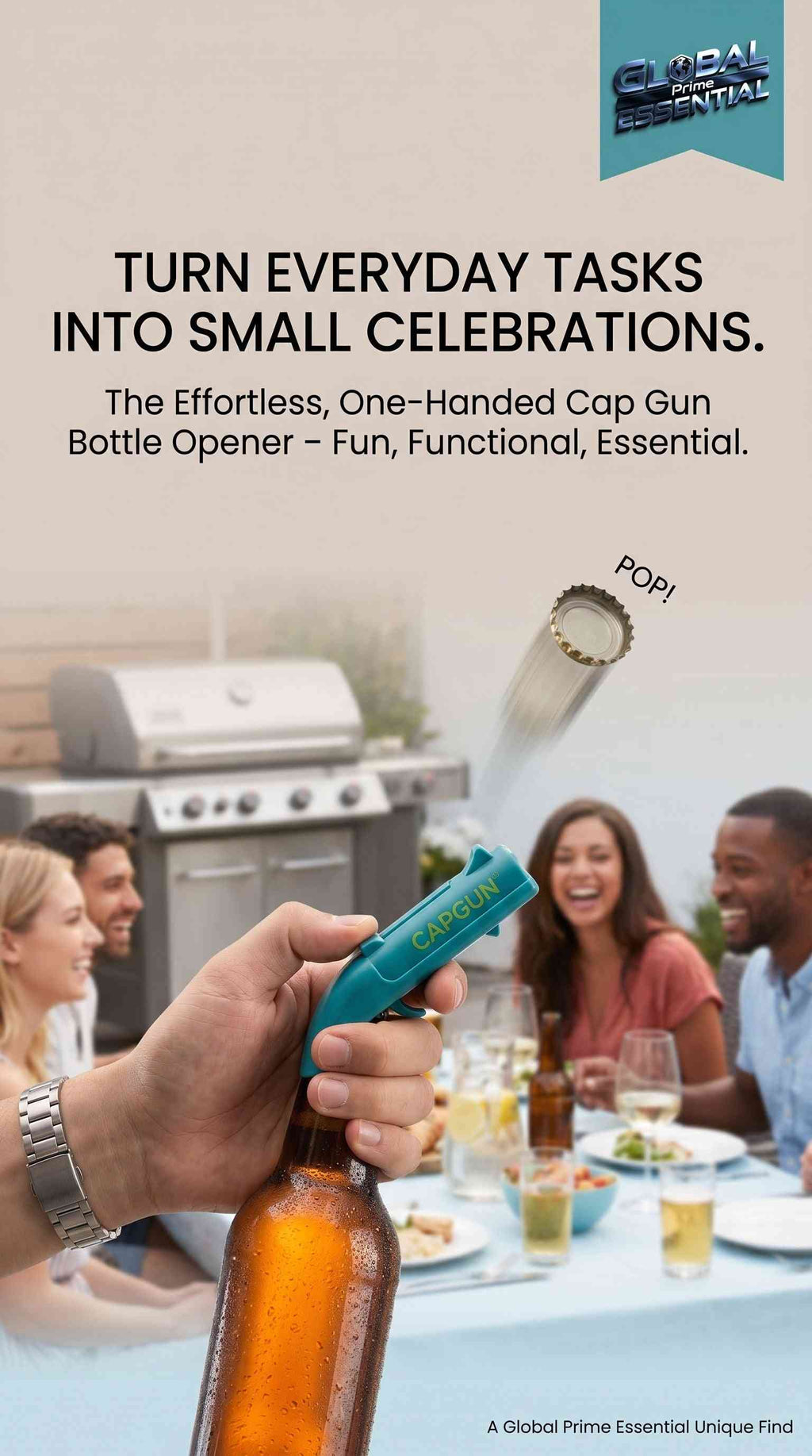 Global Prime Essential cap gun bottle opener, fun pull-release design, perfect for parties and BBQs, easy to use and enjoy.