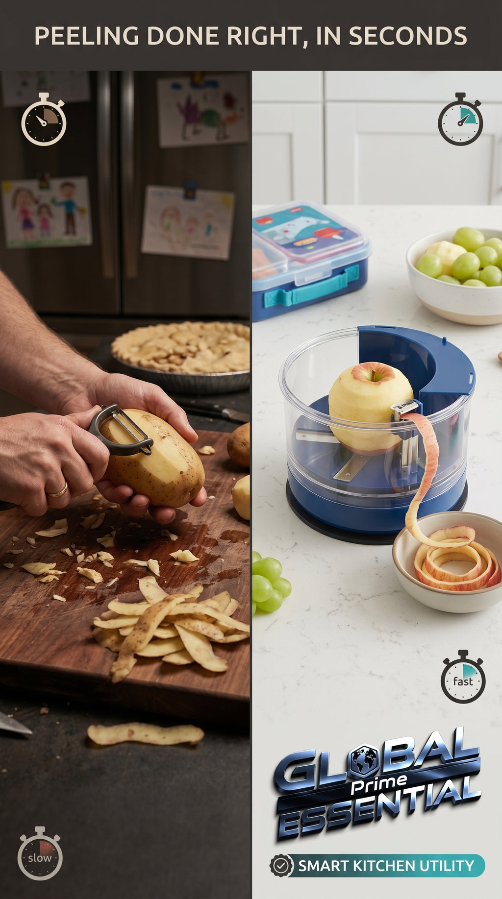 Global Prime Essential automatic fruit peeler machine in action, peeling fruits effortlessly for quick preparation.