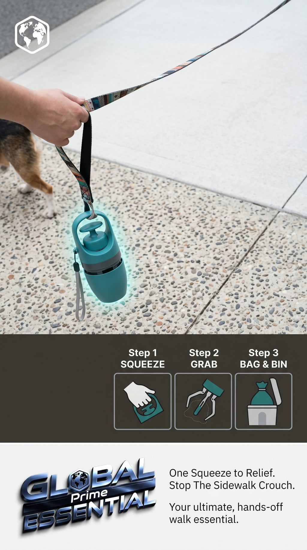 Global Prime Essential portable dog poop scooper in use, making pet cleanup easy during walks.