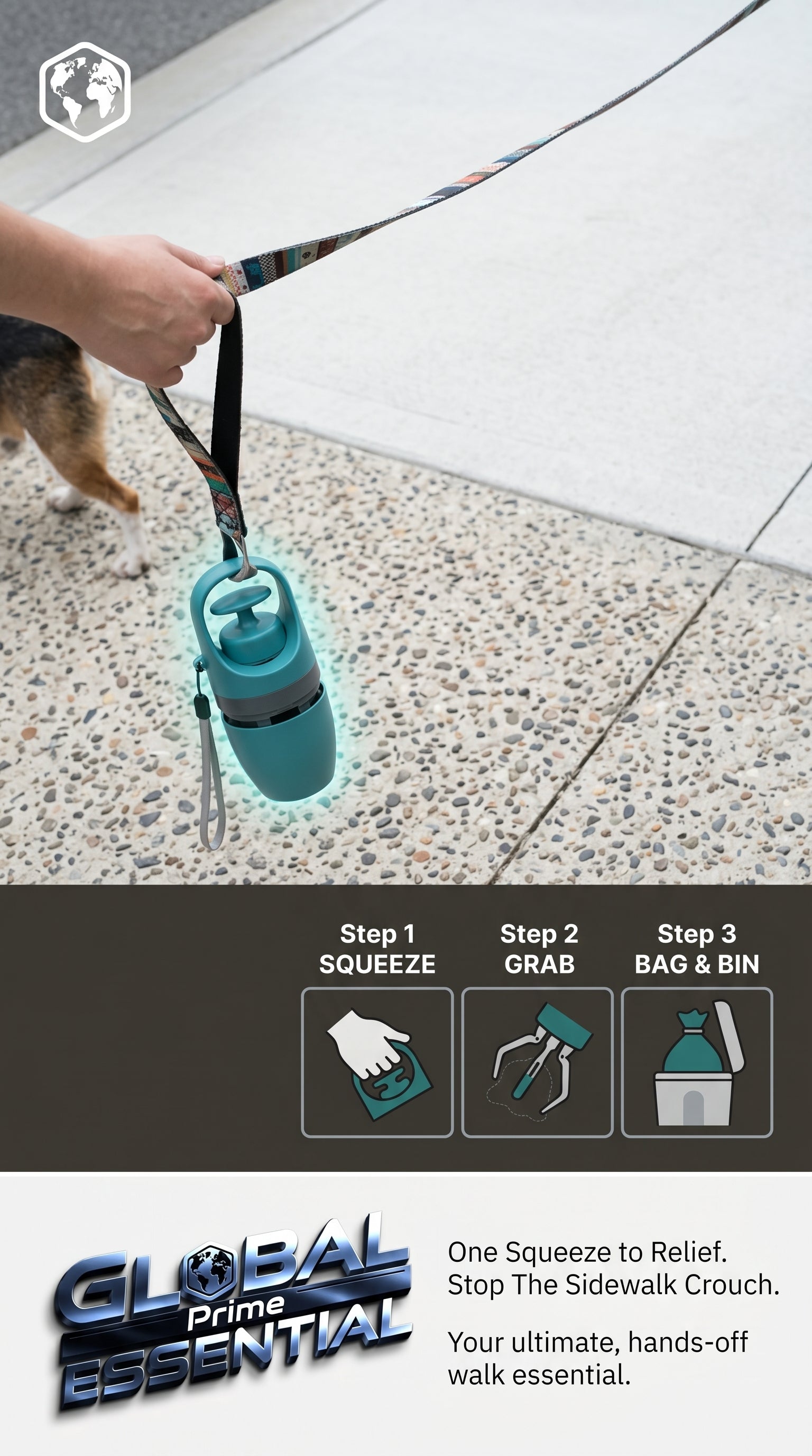 Global Prime Essential portable dog poop scooper in use, making pet cleanup easy during walks.