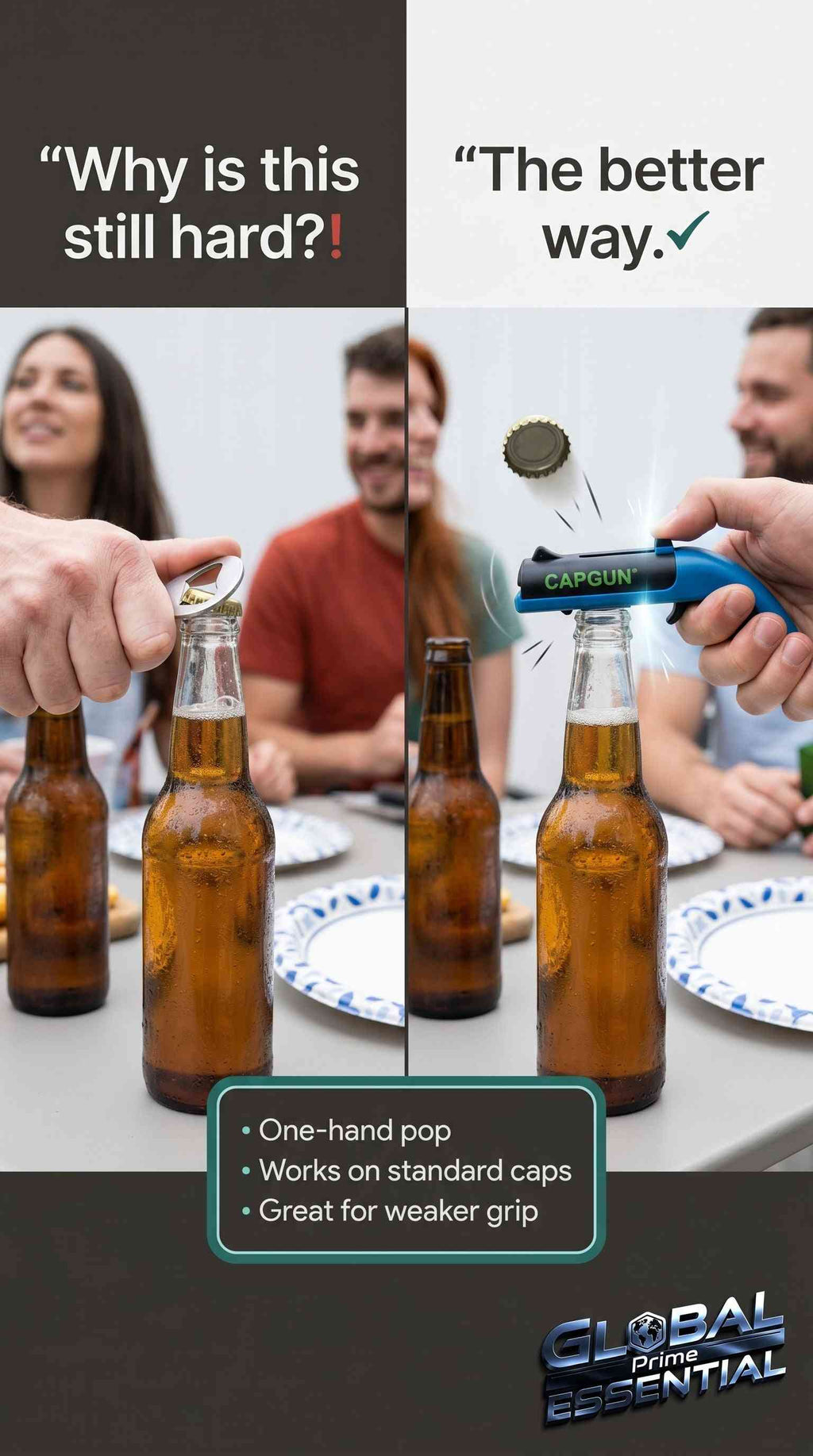 Global Prime Essential cap gun bottle opener with pull-release mechanism, perfect for parties and BBQs, easy to open beer bottles effortlessly.