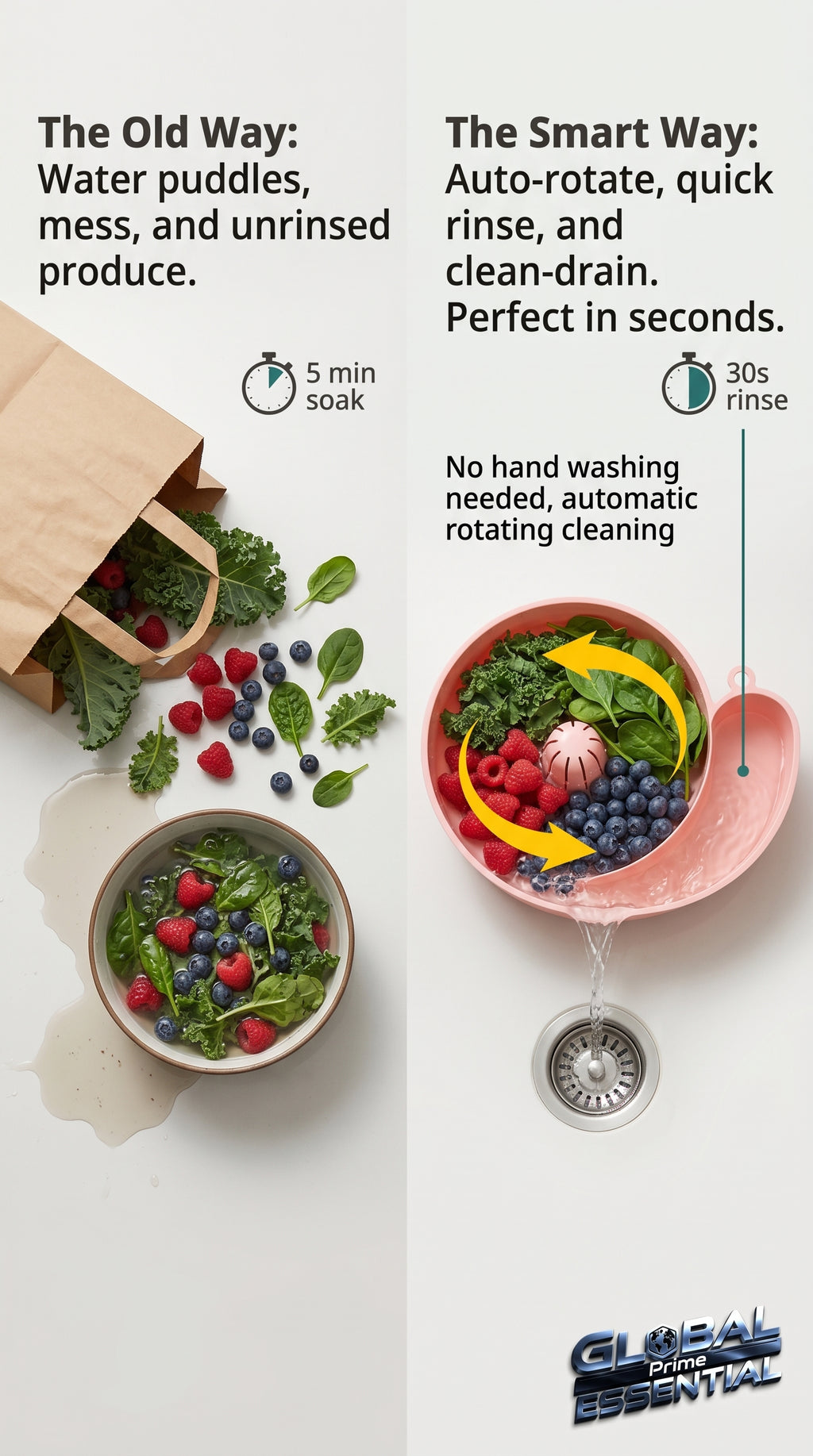 Global Prime Essential fruit and vegetable washing bowl with a user washing fresh produce in the bowl.
