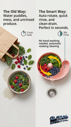 Global Prime Essential fruit and vegetable washing bowl with a user washing fresh produce in the bowl.