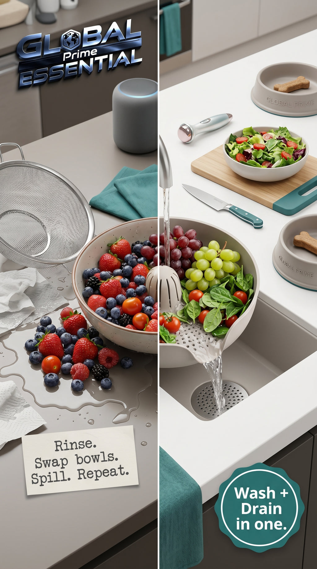 Global Prime Essential fruit and vegetable washing bowl with a drain and handles for easy produce cleaning.