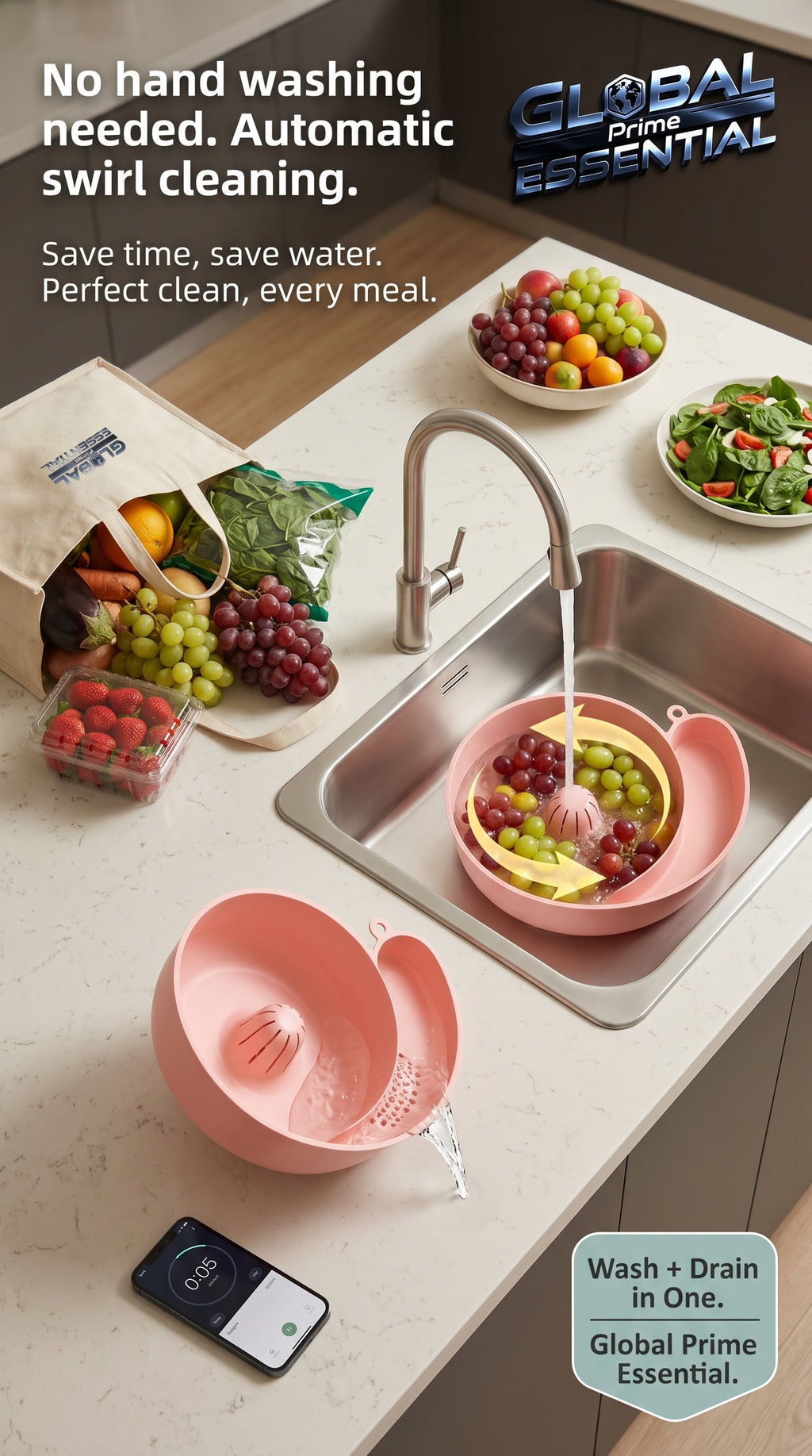 Global Prime Essential fruit and vegetable washing bowl with integrated drain for easy cleaning of produce.