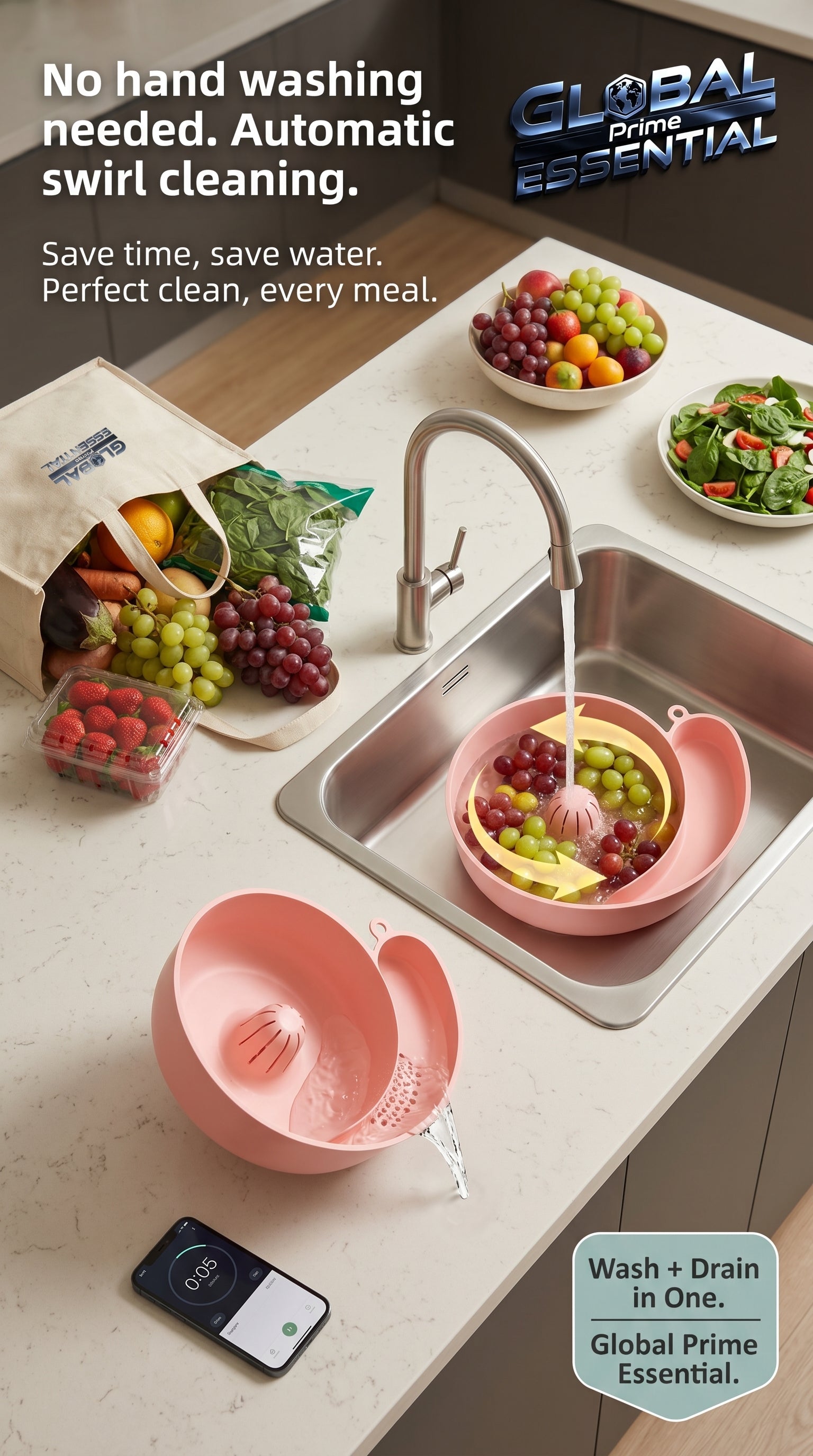 Global Prime Essential fruit and vegetable washing bowl with integrated drain for easy cleaning of produce.