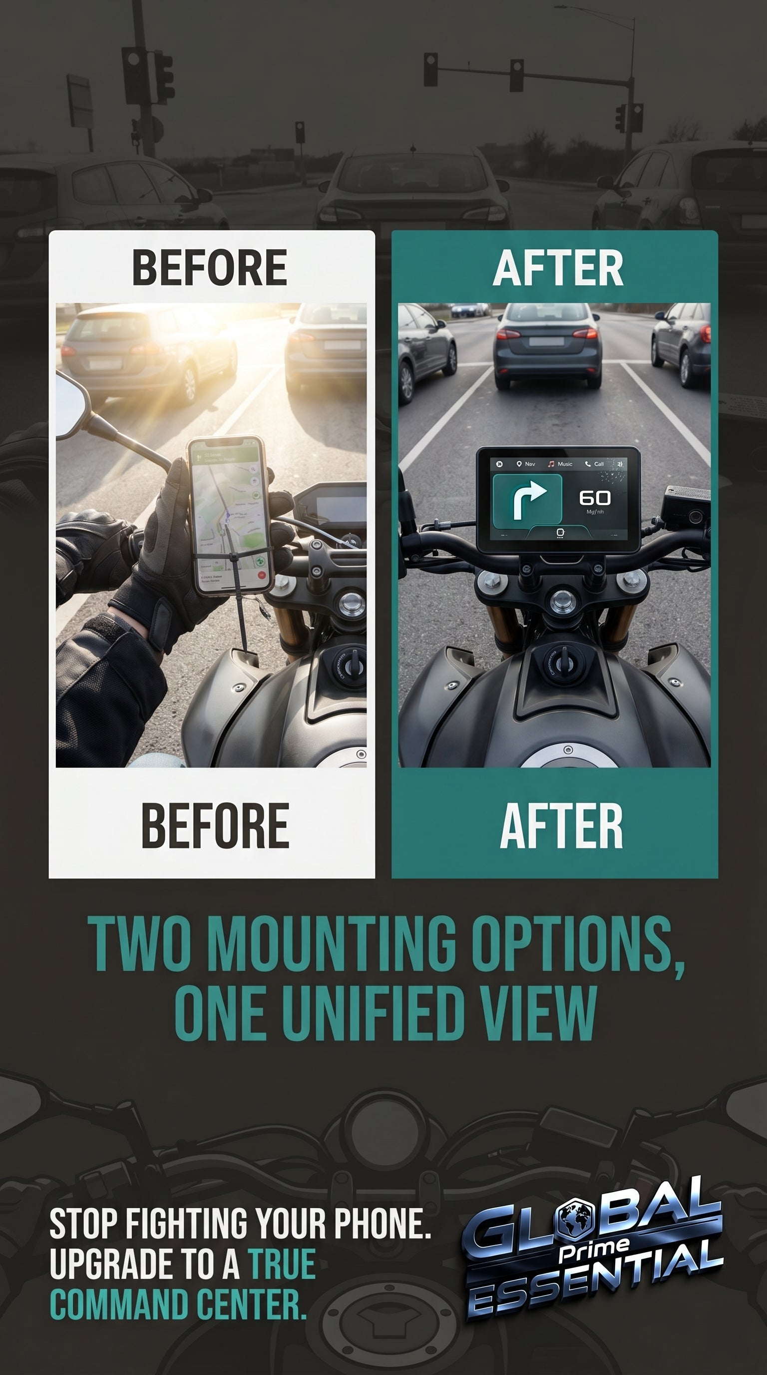 7-inch motorcycle display screen by Global Prime Essential, a sleek accessory for easy ride monitoring on your bike.