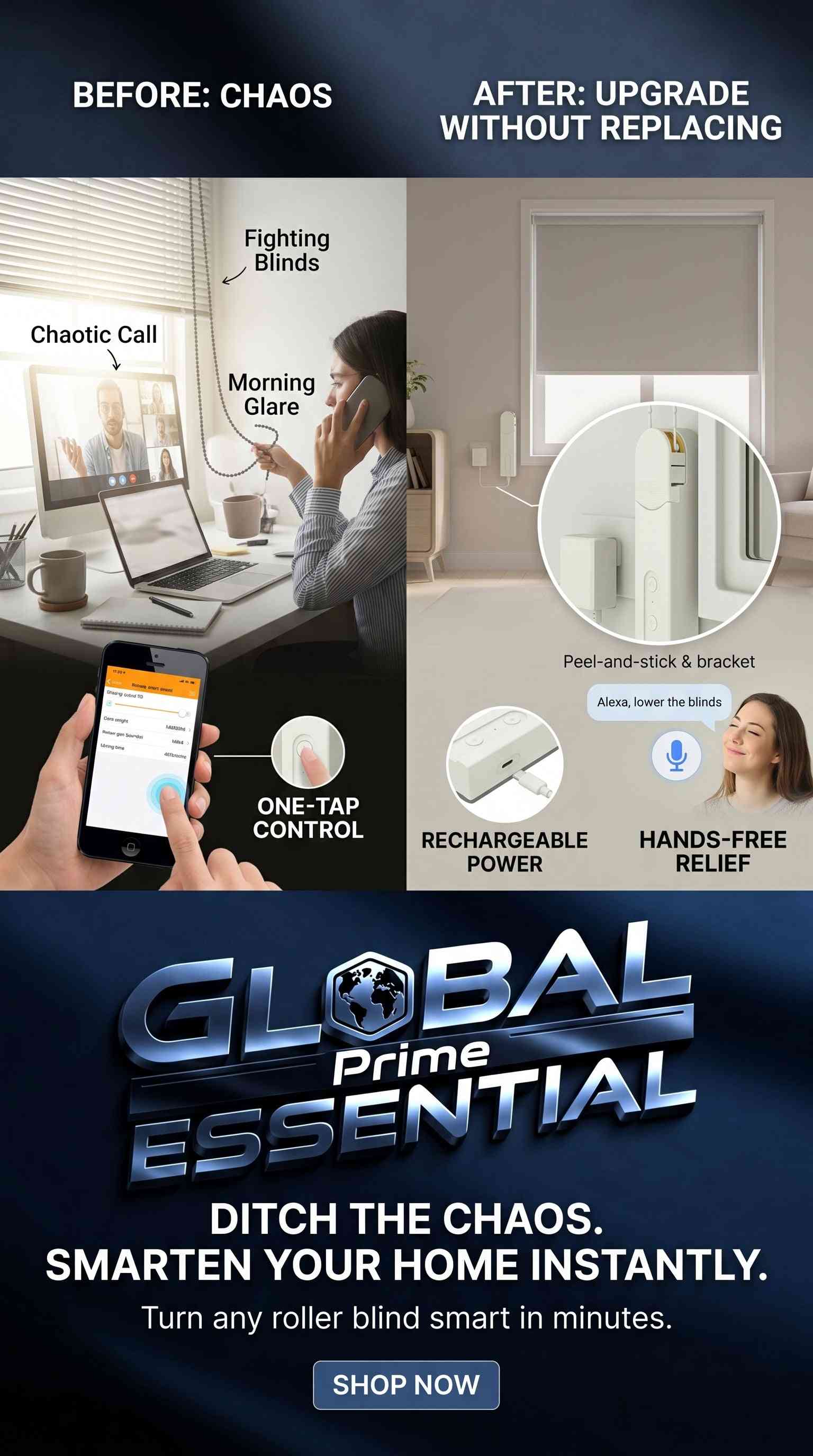 Smart roller blinds motor from Global Prime Essential with WiFi, Alexa, Google Home compatibility, app and voice control for easy shading.