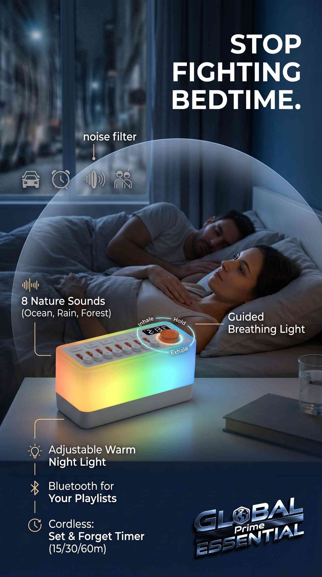 Global Prime Essential ambient sound machine with night light, nature sounds, breathing therapy, and Bluetooth speaker for better sleep.