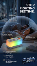 Global Prime Essential ambient sound machine with night light, nature sounds, breathing therapy, and Bluetooth speaker for better sleep.