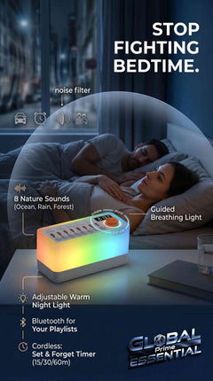 Global Prime Essential ambient sound machine with night light, nature sounds, breathing therapy, and Bluetooth speaker for better sleep.