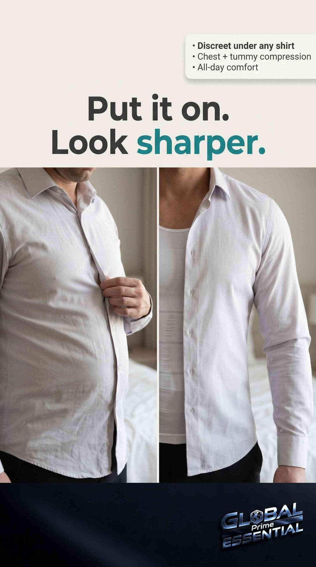 Men's slimming compression vest by Global Prime Essential, designed to flatten the chest and shape the tummy for a smooth silhouette.