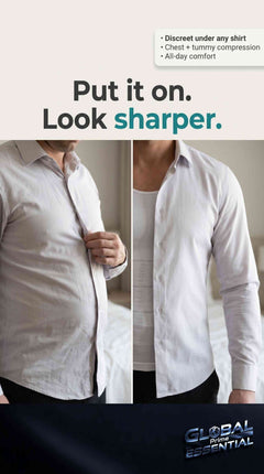Men's slimming compression vest by Global Prime Essential, designed to flatten the chest and shape the tummy for a smooth silhouette.