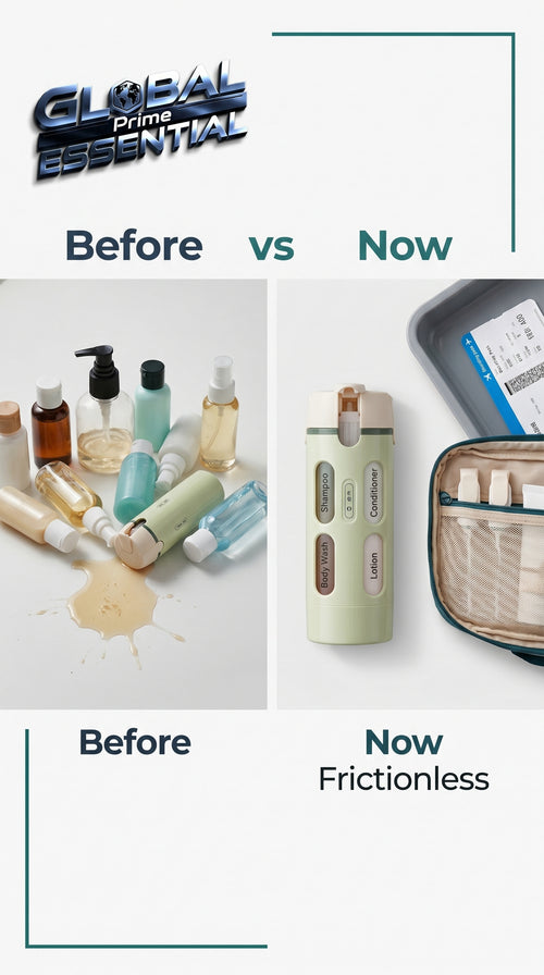 Global Prime Essential 4-in-1 travel dispenser bottle for outdoor use, compact and portable for toiletries and liquids.