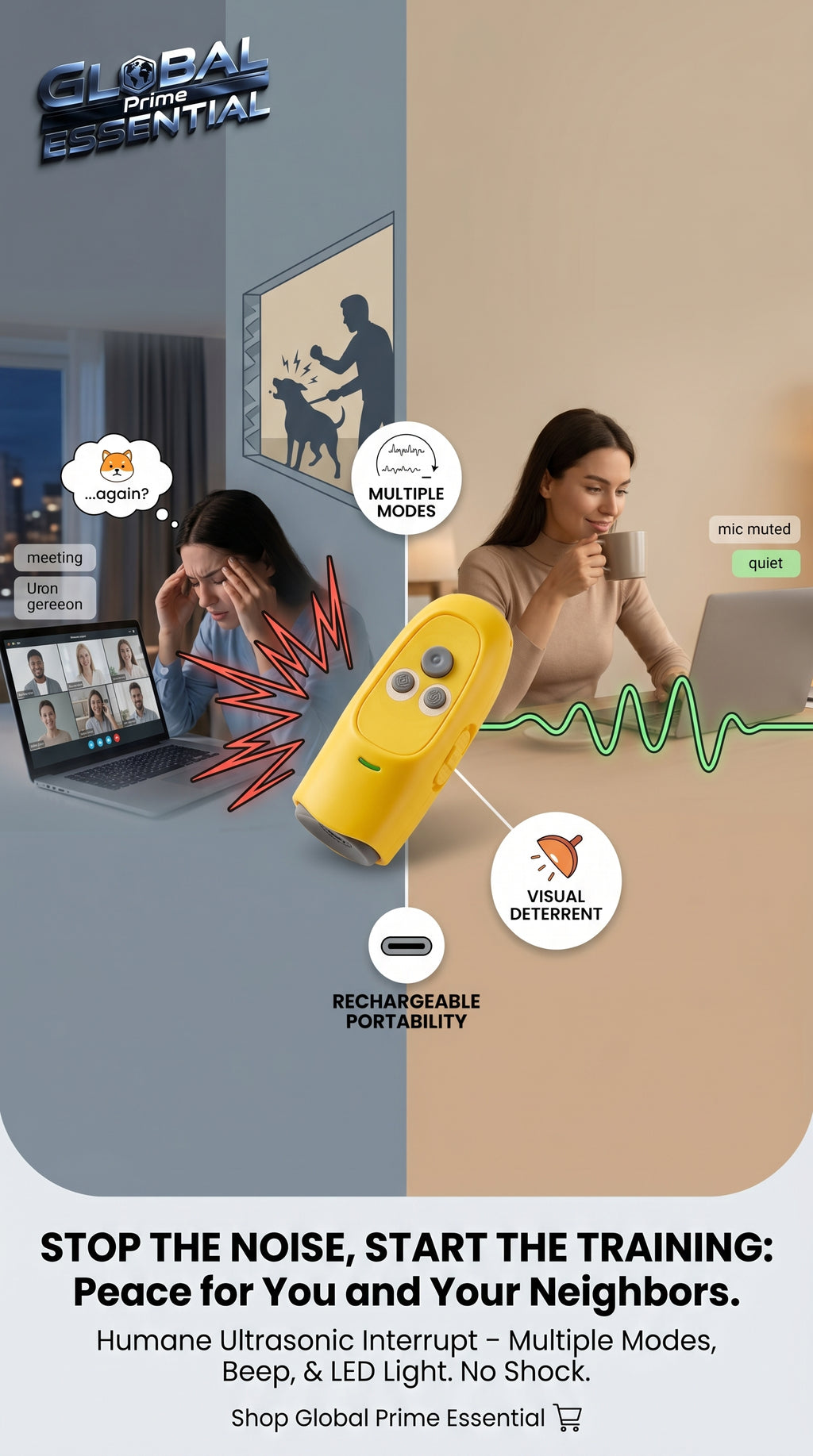 Global Prime Essential ultrasonic dog barking device reducing barking and restoring peace with a compact electronic solution.