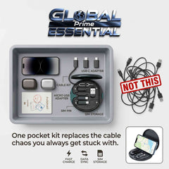 Global Prime Essential multi charging adapter kit with USB-C, Lightning, Micro USB, and USB-A cables for versatile device charging.