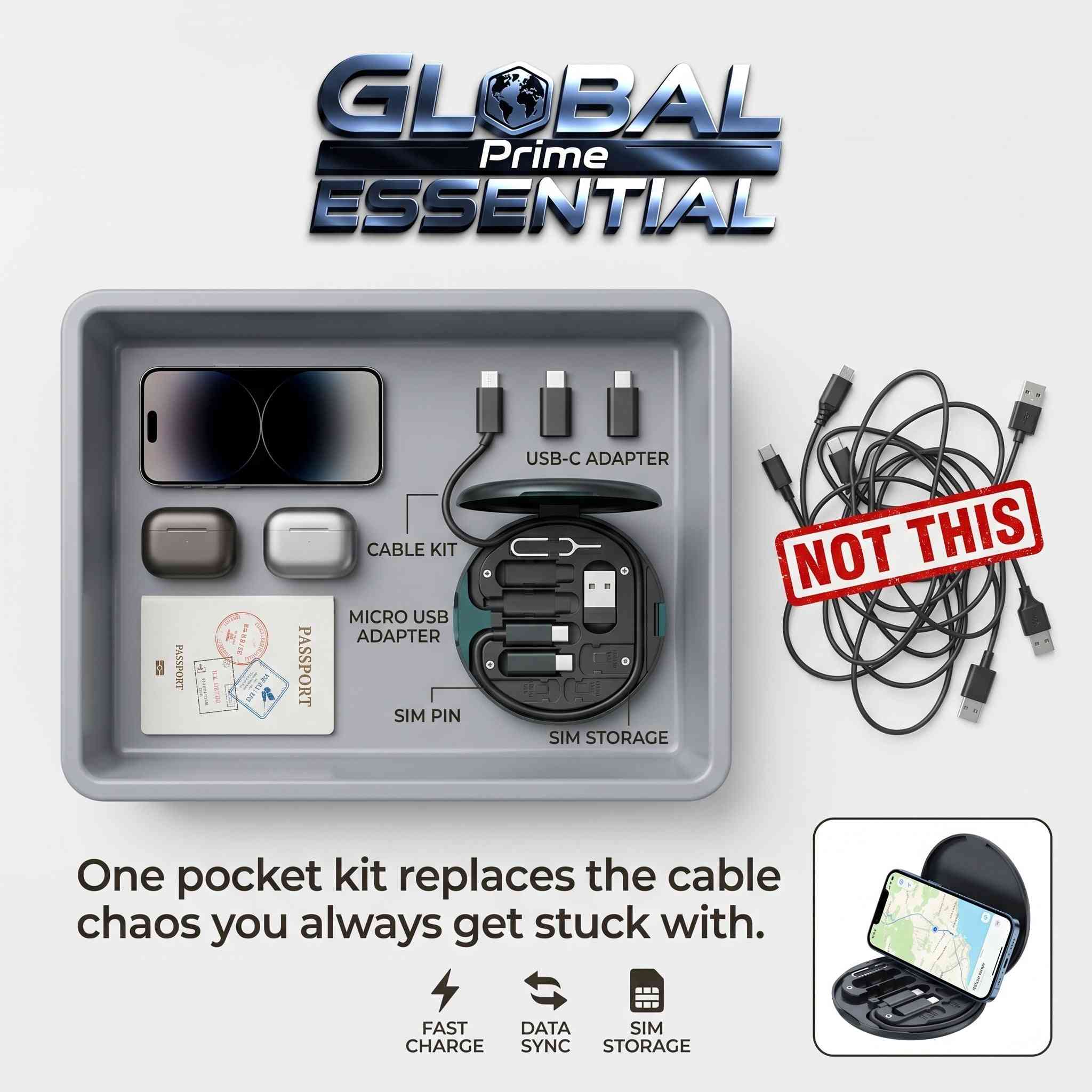 Global Prime Essential multi charging adapter kit with USB-C, Lightning, Micro USB, and USB-A cables for versatile device charging.