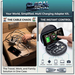 Global Prime Essential multi charging adapter kit with USB-C, Lightning, Micro USB, and USB-A cables for versatile device charging.