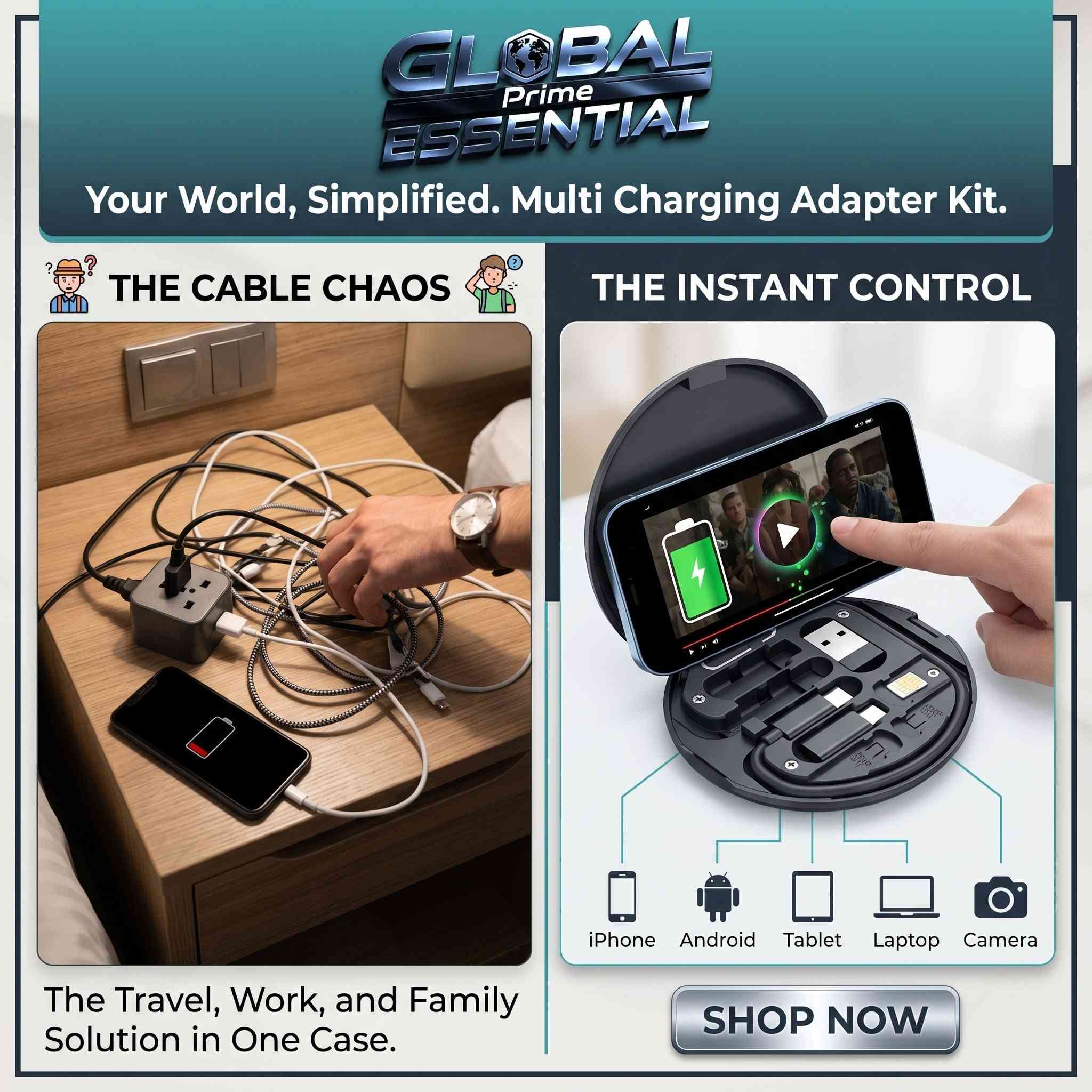 Global Prime Essential multi charging adapter kit with USB-C, Lightning, Micro USB, and USB-A cables for versatile device charging.