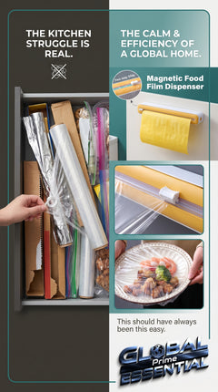 Global Prime Essential foil and plastic wrap organizer holding neatly organized cling wraps for kitchen storage.