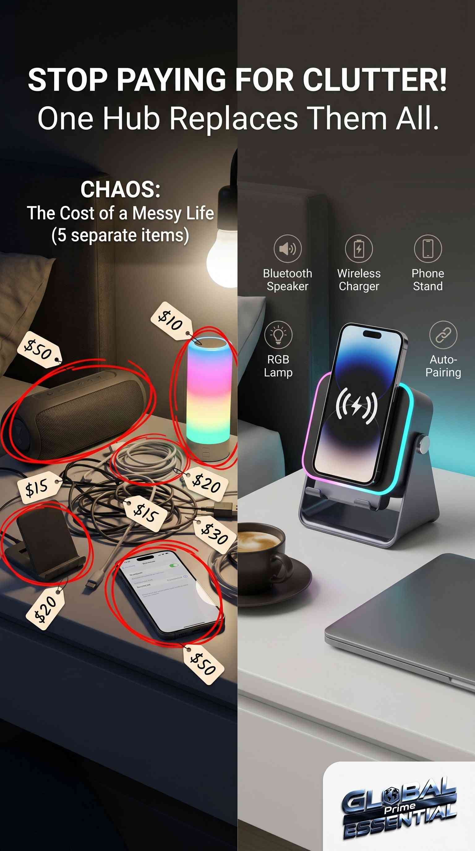Global Prime Essential 5-in-1 wireless speaker with phone holder, RGB lighting, induction charger, and Bluetooth connectivity on a desk.