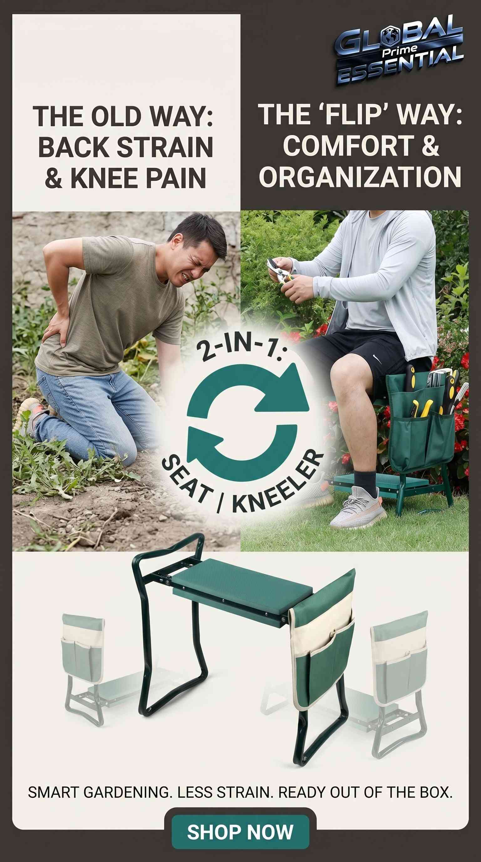 Global Prime Essential 2-in-1 garden kneeler and folding chair with padded knee rest and tool organizer for comfortable gardening.