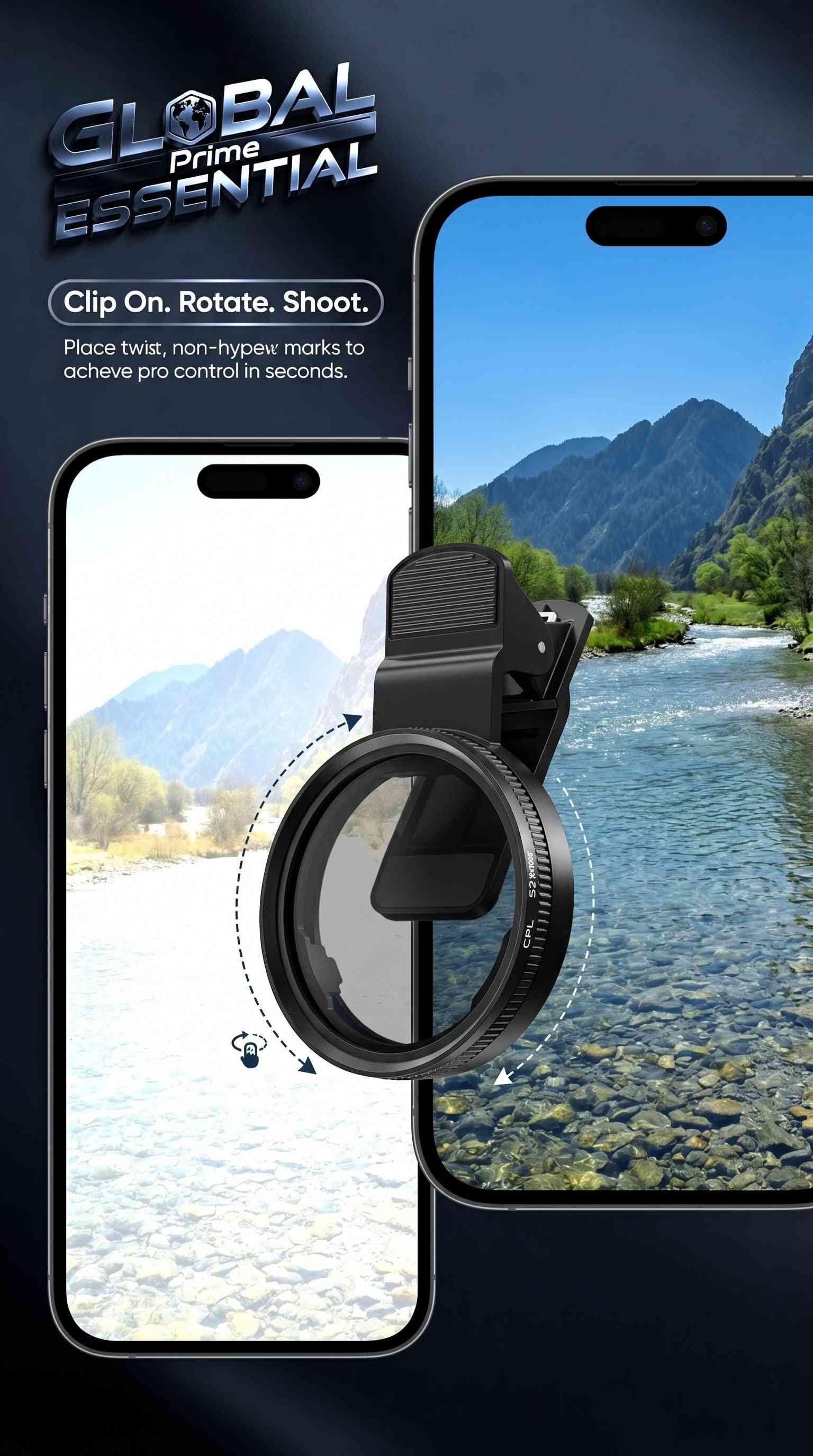 Global Prime Essential 52mm clip-on CPL phone camera lens filter reducing glare and enhancing colors for clearer photos.