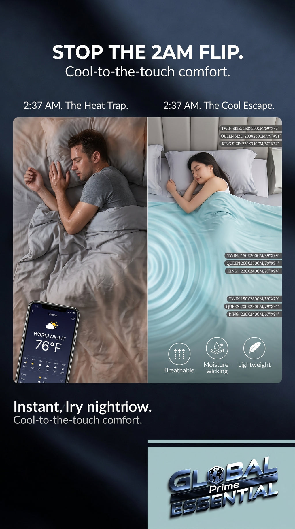 Global Prime Essential cooling blanket spread on a bed, designed to keep you cool and comfortable during hot nights.