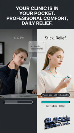 Portable Pulse EMS massager from Global Prime Essential providing end neck and back pain relief.