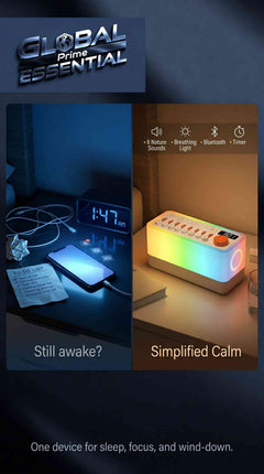 Global Prime Essential ambient sound machine with 8 nature sounds, night light, breathing therapy, and Bluetooth speaker for restful sleep