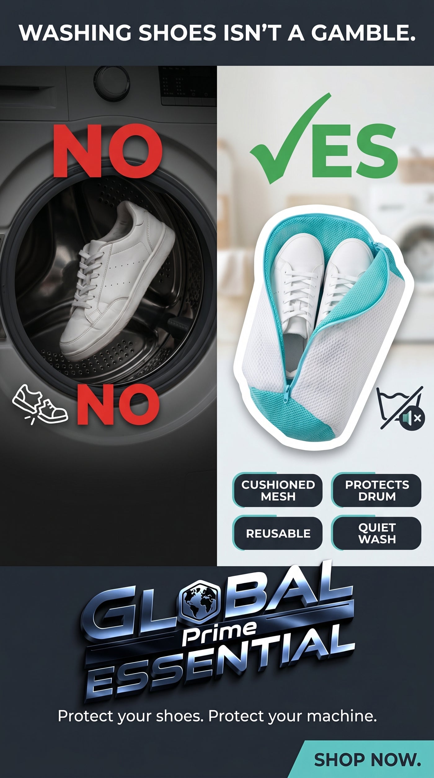 Global Prime Essential shoe washing machine bag for safe, effective cleaning of shoes in washing machines.