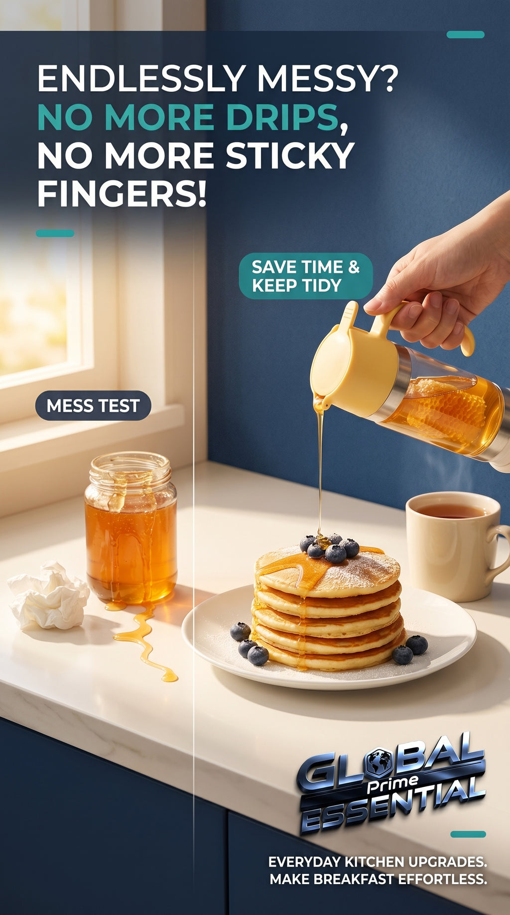 Global Prime Essential honey dispenser with handle and no-drip spout on a sticky countertop.