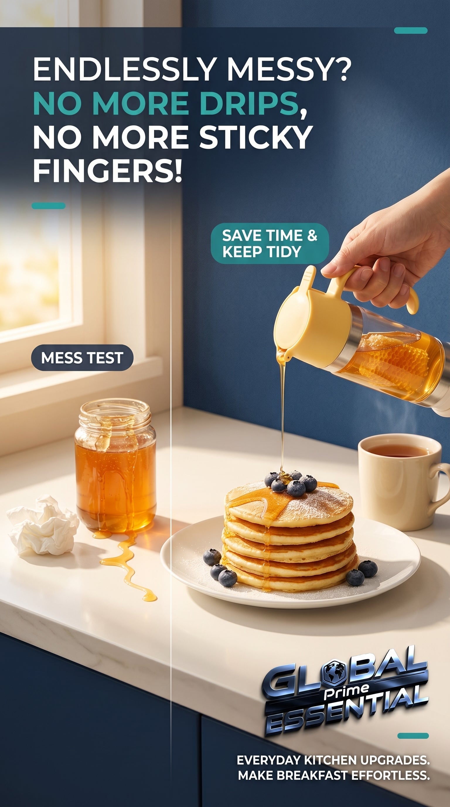 Global Prime Essential honey dispenser with handle and no-drip spout on a sticky countertop.