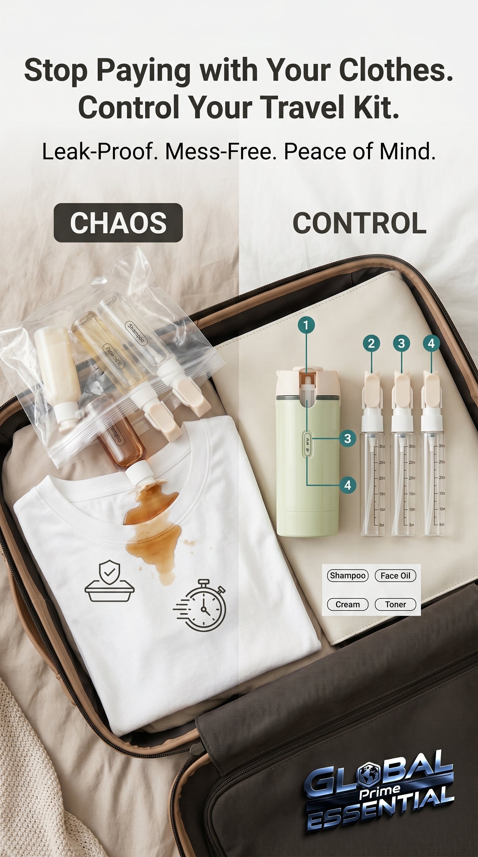 Global Prime Essential 4-in-1 travel dispenser bottle, outdoor accessory with multiple compartments for liquids and toiletries.