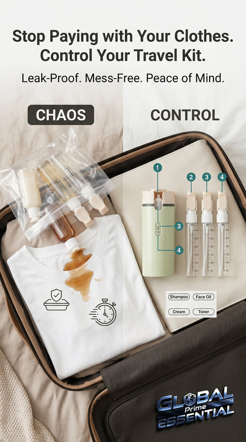 Global Prime Essential 4-in-1 travel dispenser bottle, outdoor accessory with multiple compartments for liquids and toiletries.