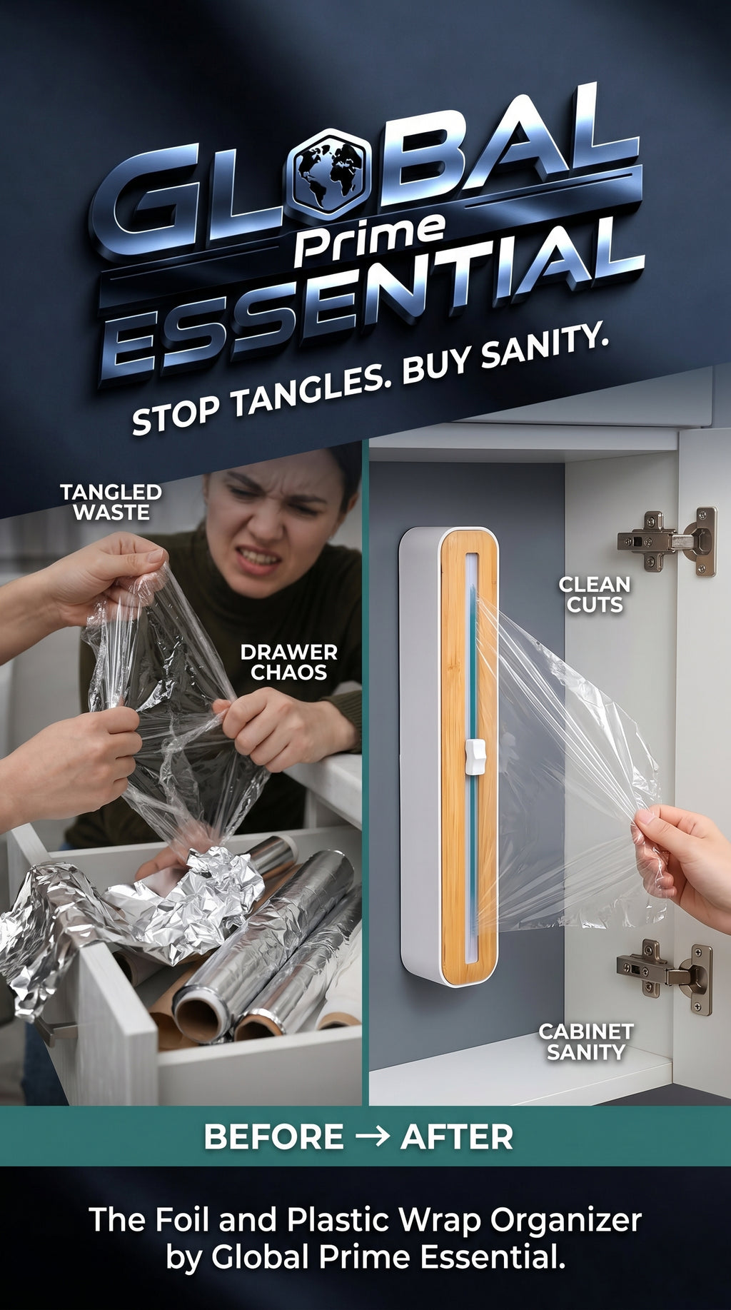 Global Prime Essential foil and plastic wrap organizer with easy-cutting features and sleek design for kitchen storage.