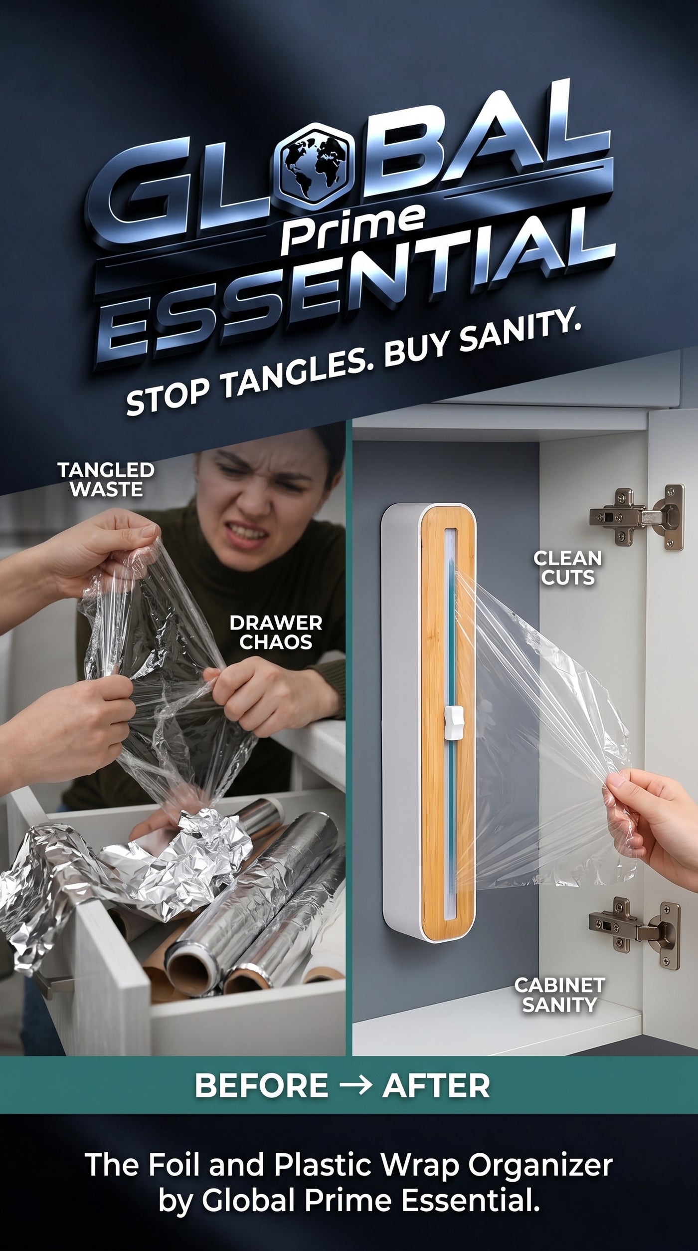Global Prime Essential foil and plastic wrap organizer with easy-cutting features and sleek design for kitchen storage.