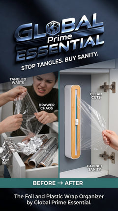 Global Prime Essential foil and plastic wrap organizer with easy-cutting features and sleek design for kitchen storage.