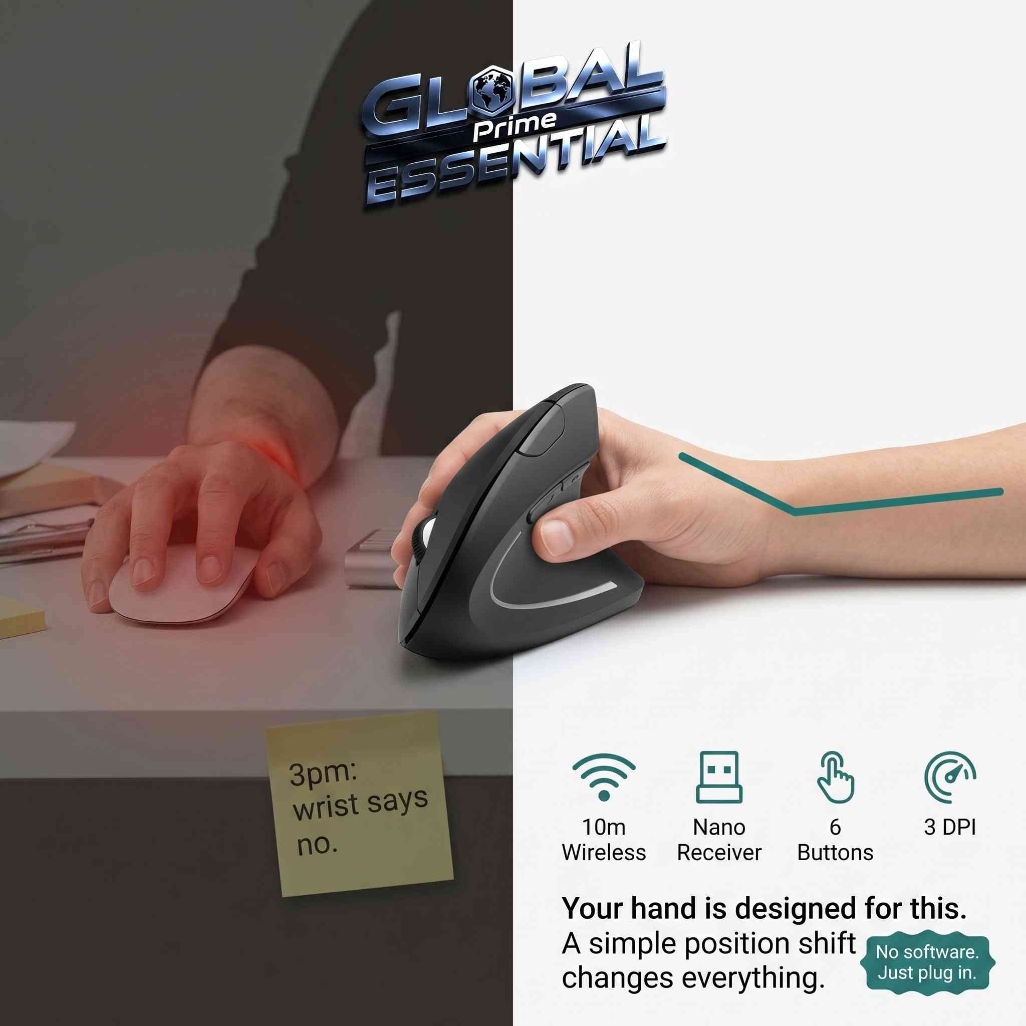 Vertical Ergonomic Wireless Mouse – 2.4GHz, 6 Buttons, 3 DPI Levels, Carpal Tunnel Relief