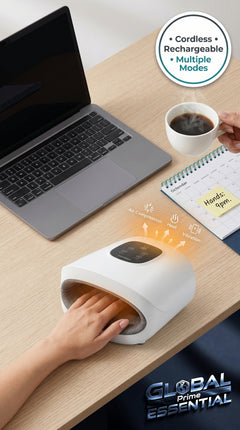 Wireless electric hand massager by Global Prime Essential, showing a user relaxing with the handheld device on their hand.