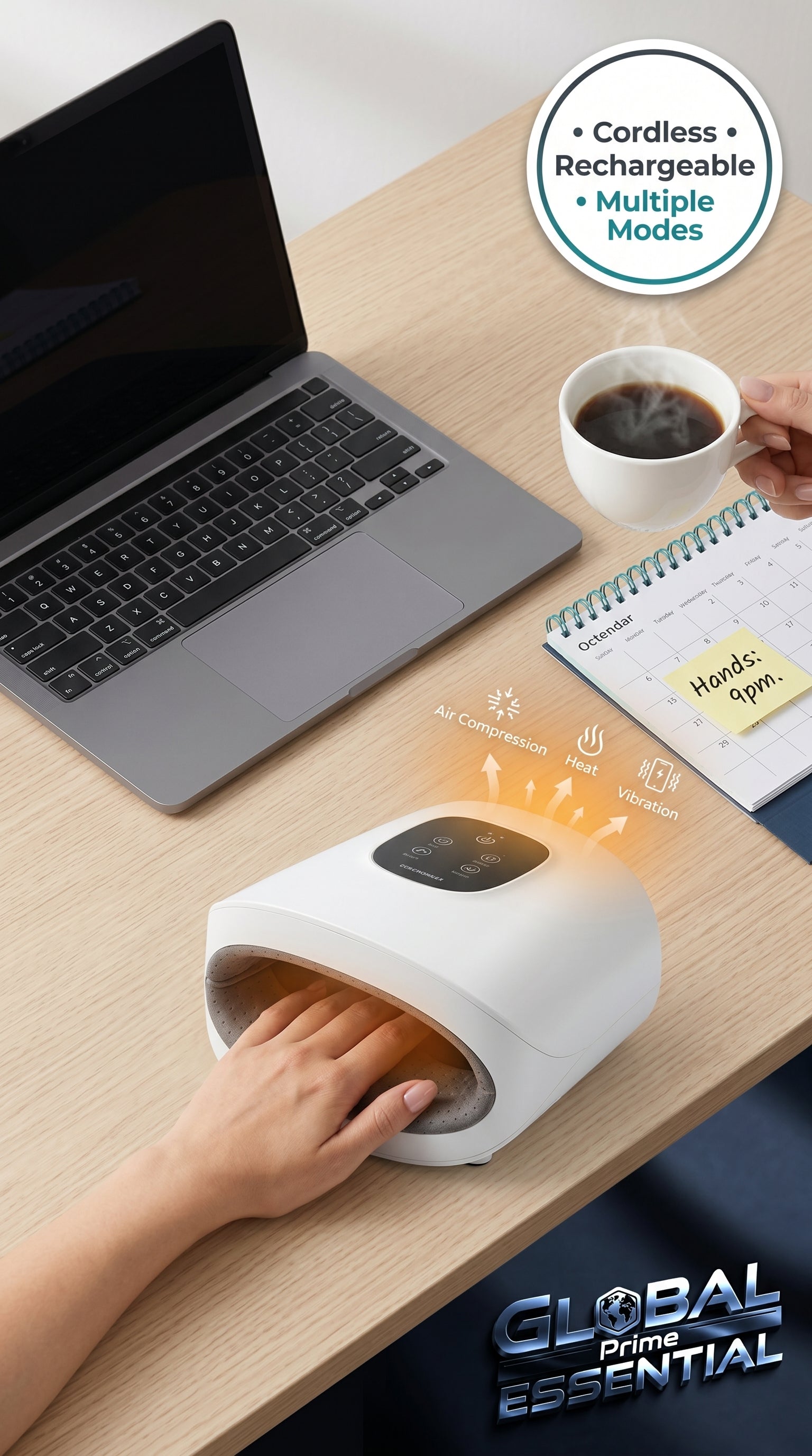 Wireless electric hand massager by Global Prime Essential, showing a user relaxing with the handheld device on their hand.