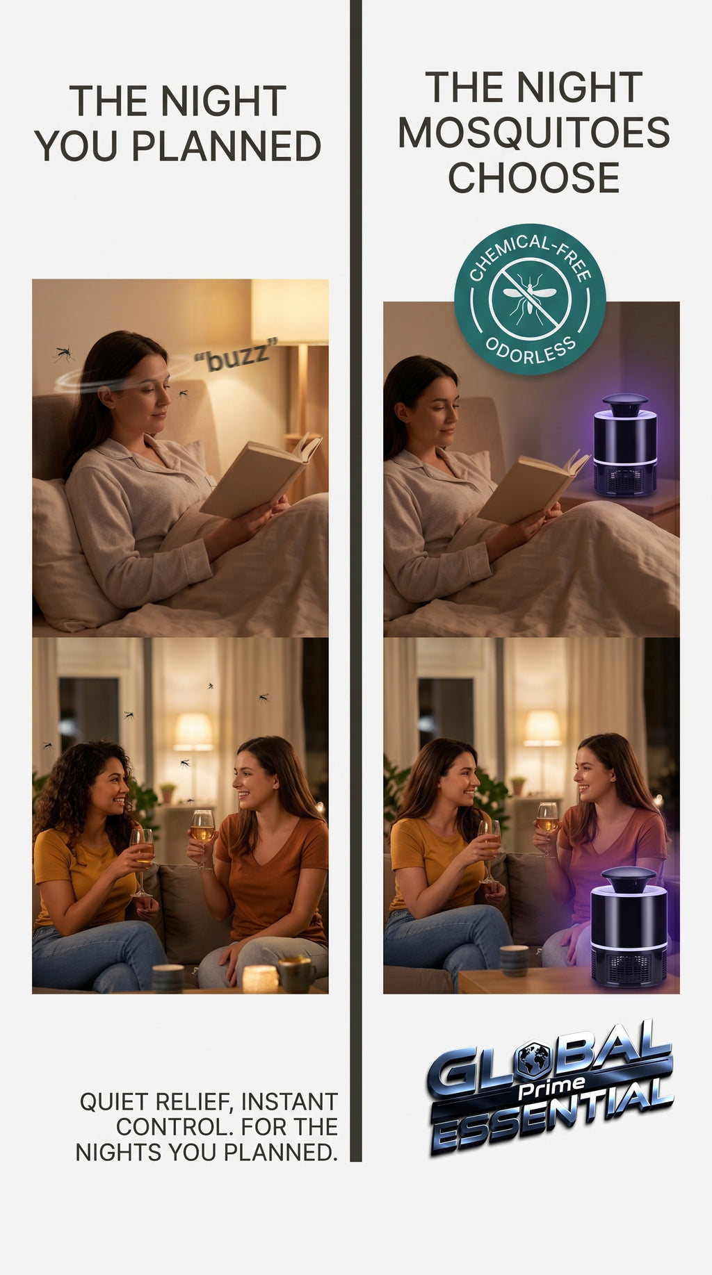 Global Prime Essential mosquito lamp emitting light to attract and trap mosquitoes for a peaceful, bug-free evening.