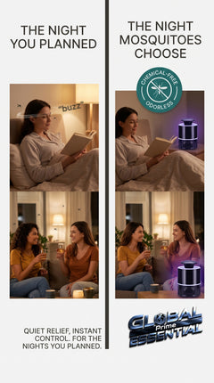 Global Prime Essential mosquito lamp emitting light to attract and trap mosquitoes for a peaceful, bug-free evening.