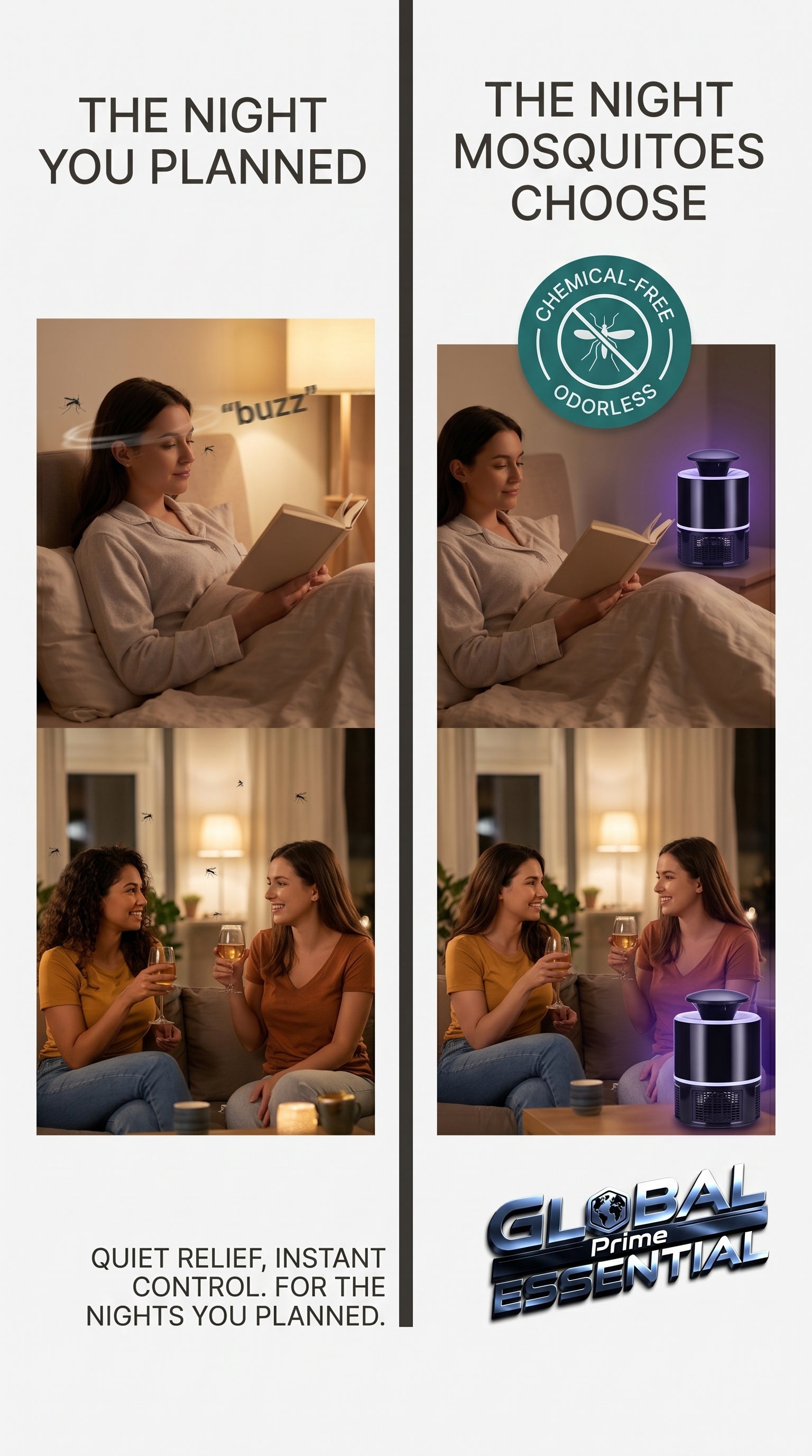 Global Prime Essential mosquito lamp emitting light to attract and trap mosquitoes for a peaceful, bug-free evening.