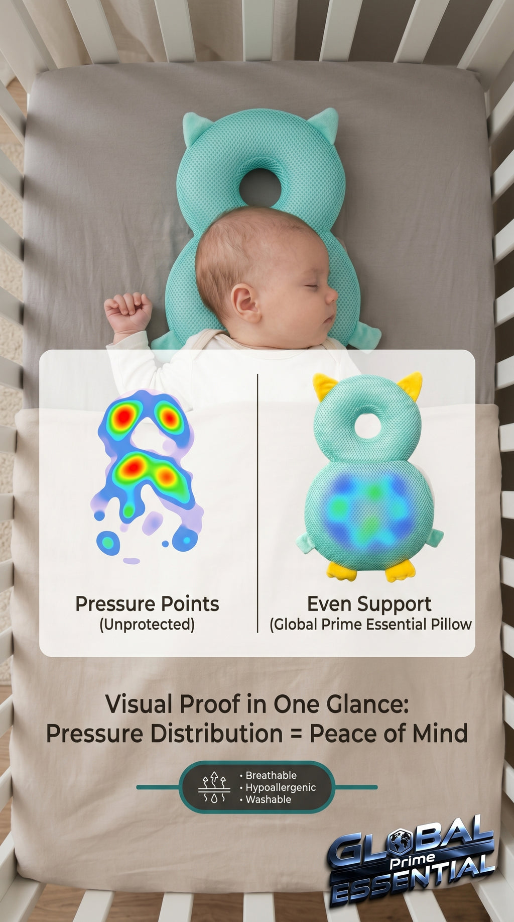Global Prime Essential newborn protection pillow supporting a baby's delicate head with even support for comfort and safety.