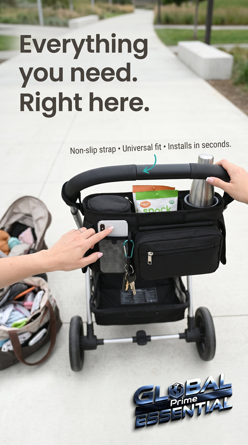 Global Prime Essential baby stroller manager with non-slip strap, showing secure attachment and easy grip for safe stroller handling.