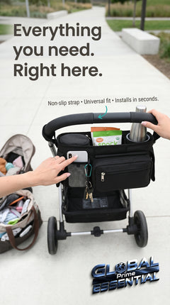 Global Prime Essential baby stroller manager with non-slip strap, showing secure attachment and easy grip for safe stroller handling.