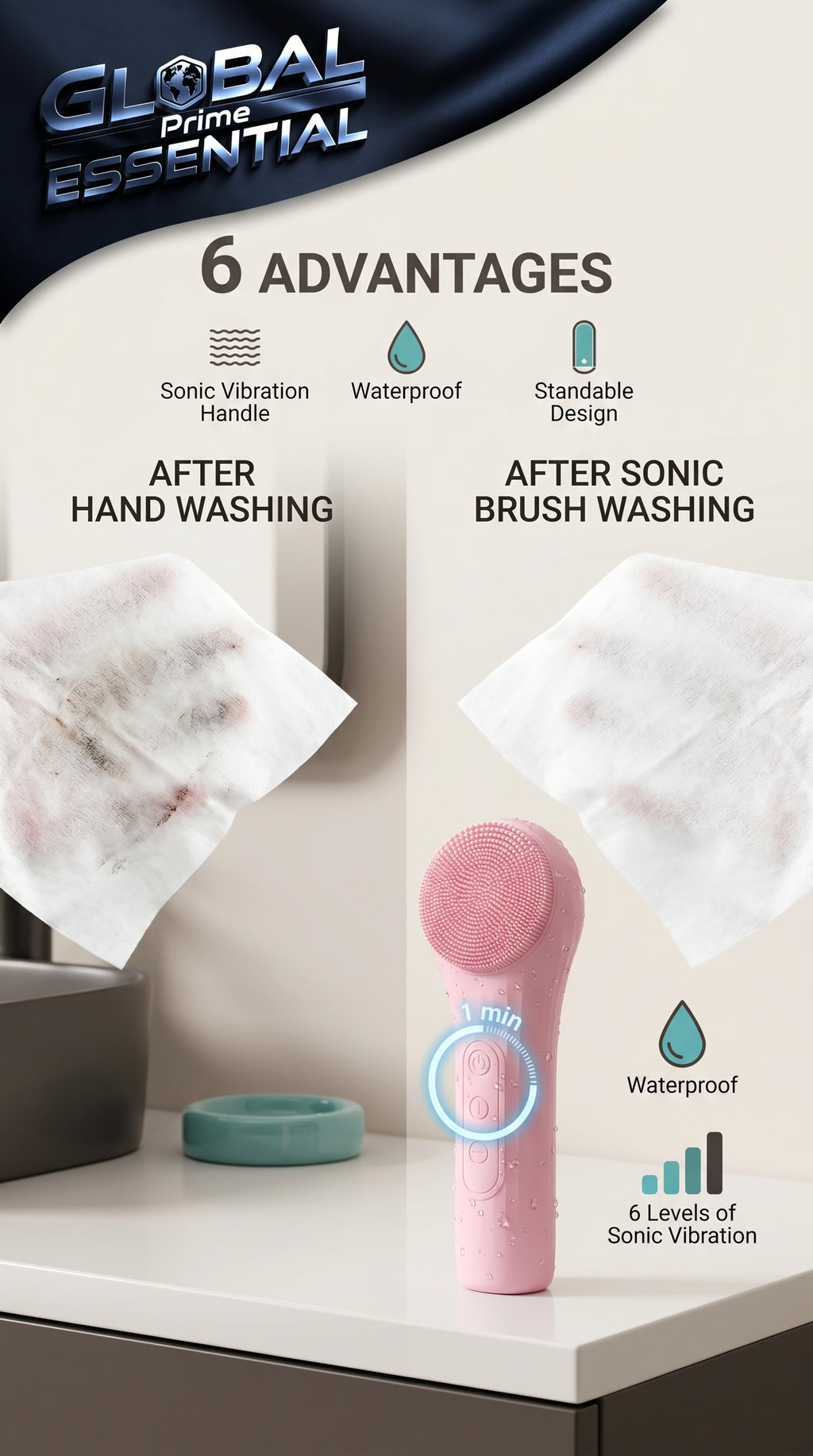 Sonic waterproof facial cleansing brush by Global Prime Essential, showing the deep pore cleansing brush head and handle.